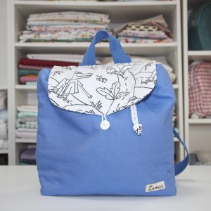 Mochila LEIRE Combinación algodón azul y tela pintable blanca.